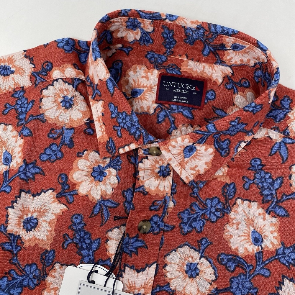 UNTUCKit Linen Shirt Mens XL Coral Red Floral Short Sleeve European Flax NWT